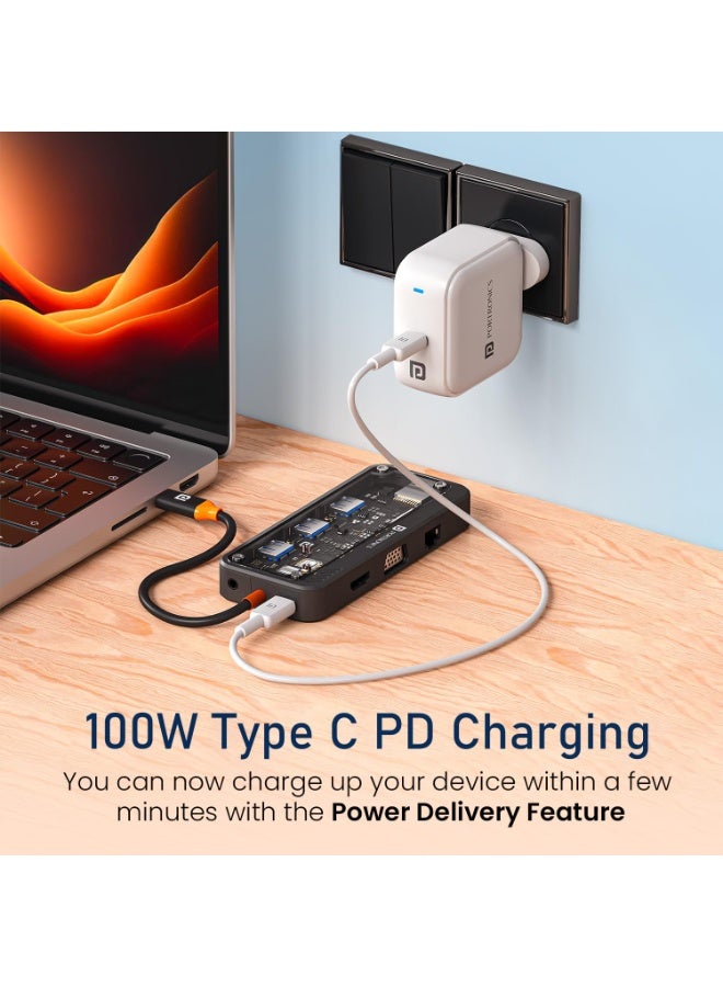 بورترونيكس Portronics MPort View Three 10-in-1 USB-C Docking Station, 100 W PD Charging, 4K HDMI, VGA, RJ45 Ethernet, SD/TF Card Slots, USB 3.0/2.0 Ports, 3.5 mm Audio, for All Type C Devices, Windows/MacBook - Image 3